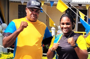 Saint Lucian light heavyweight boxer, Nikaela Khodra, right, with National Head Boxing Coach, Conrad Fredericks.