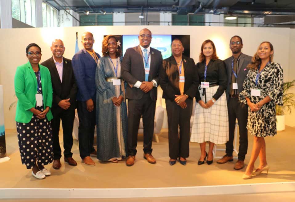 Left to right: Senator Dr. Shantal Munro-Knight, Minister in the Office of the Prime Minister, Government of Barbados; Dr. Colin Young, Executive Director, Caribbean Community Climate Change Centre; Mr. Crispin D'Auvergne, Programme Director, Climate Change and Disaster Risk Management, OECS; Ms. Rueanna Haynes, Director, Climate Analytics Caribbean; The Honourable Shawn Edward, Minister for Education, Sustainable Development, Innovation, Science, Technology and Vocational Training, Government of St. Lucia; The Honourable Pennelope Beckles, Minister of Planning and Development, Government of the Republic of Trinidad and Tobago; Ms. Sasha Jattansingh, Loss and Damage Expert, Climate Analytics Caribbean; Dr. Orville Grey, Head of Secretariat for the National Adaptation Plan (NAP) Global Network, International Institute for Sustainable Development; Ms. Bianca Beddoe, Communications Lead, Climate Analytics Caribbean.