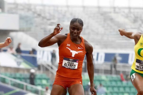 In June 2022, Julien Alfred of Texas beats Kemba Nelson of Oregon and Abby Steiner of Kentucky to win the 100meter dash during the NCAA Div. I Men’s and Women’s Outdoor Track & Field Championships, at Hayward Field, Eugene, Oregon …