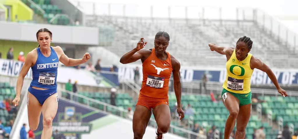 In June 2022, Julien Alfred of Texas beats Kemba Nelson of Oregon and Abby Steiner of Kentucky to win the 100meter dash during the NCAA Div. I Men’s and Women’s Outdoor Track & Field Championships, at Hayward Field, Eugene, Oregon … 