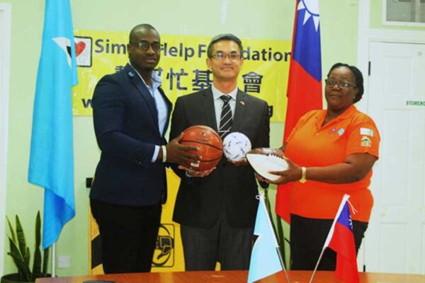 H.E. Peter Chia-Yen Chen, Taiwan’s Ambassador to Saint Lucia, joins Hon. Kenson Casimir, Minister for Youth Development and Sports, and Ms. Mary Wilfred, Permanent Secretary in the Ministry of Youth Development and Sports, at the official handover ceremony on Friday, February 9, 2024.