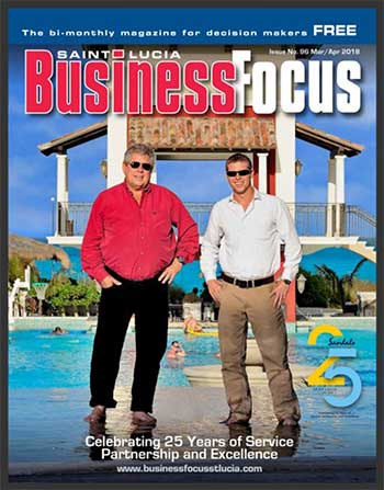 As far back as 2018, after SRI’s presence in Saint Lucia from one hotel in 1993 to three luxury properties a quarter-of-a-century later, Founding Chairman Gordon ‘Butch’ Stewart (left) chose his son Adam (at right) as the heir and successor to keep SRI forever walking on water – and Caribbean tourism afloat. (PHOTO COURTESY: SRI and Business Focus magazine)