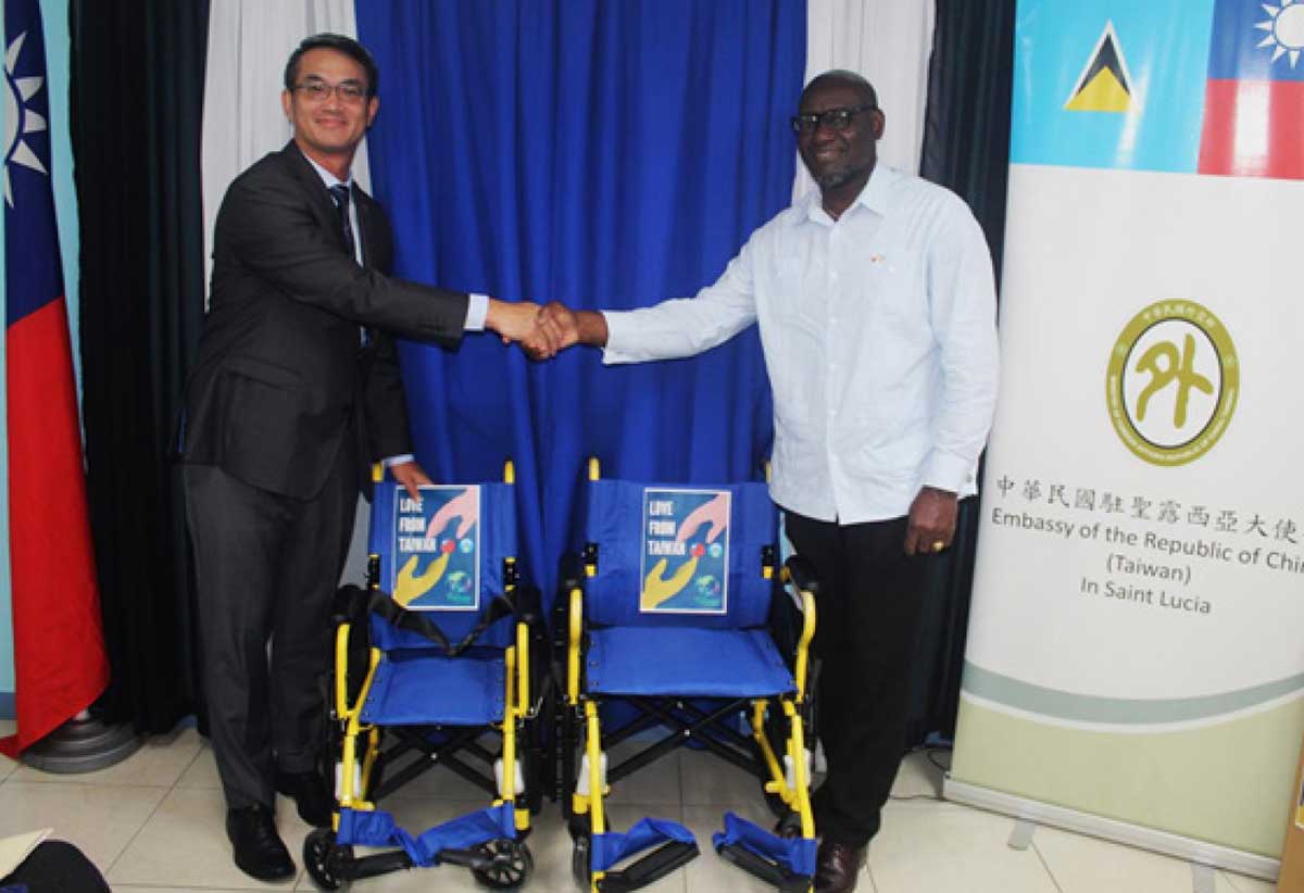 H.E. Peter Chia-Yen Chen, Taiwan’s Ambassador to Saint Lucia, with Hon. Moses Jn. Baptiste, Minister for Health, Wellness and Elderly Affairs, during the handover ceremony at the Ministry of Health on Tuesday, March 5, 2024