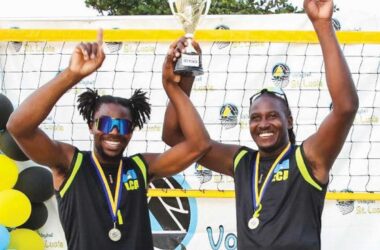 Saint Lucian players Clercent and Descartes celebrate their win