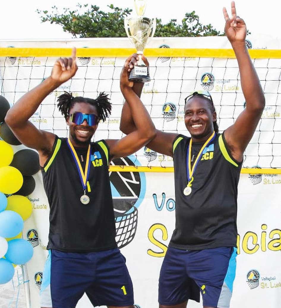 Saint Lucian players Clercent and Descartes celebrate their win