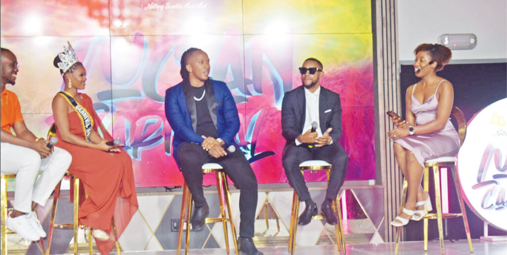 Performers in the ‘Winners Circle’ (from left) Ti Blacks, Carnival Queen Shanice Butcher, Arthur Allain, Imran Nerdy with moderator Noesha Gentle