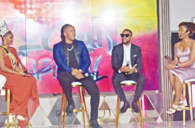 Performers in the ‘Winners Circle’ (from left) Ti Blacks, Carnival Queen Shanice Butcher, Arthur Allain, Imran Nerdy with moderator Noesha Gentle