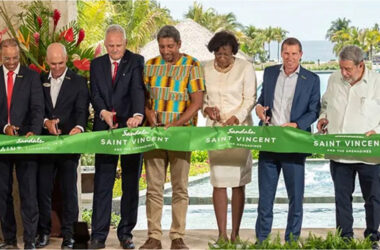 St. Vincent & The Grenadines (SVG) Prime Minister Dr Ralph Gonsalves and Sandals Resorts International (SRI) Executive Chairman Adam Stewart (2nd and 3rd from right, respectively) with other officials at the recent soft-opening of the first SRI property in SVG. (PHOTO: Courtesy SRI)