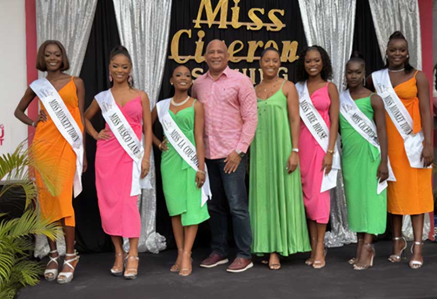 Ciceron Carnival Queen contestants with Castries South MP Dr Ernest Hilaire and CPMC Chairperson Tamara Gibson