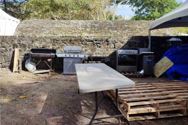 Cooking equipment set up under historic structure