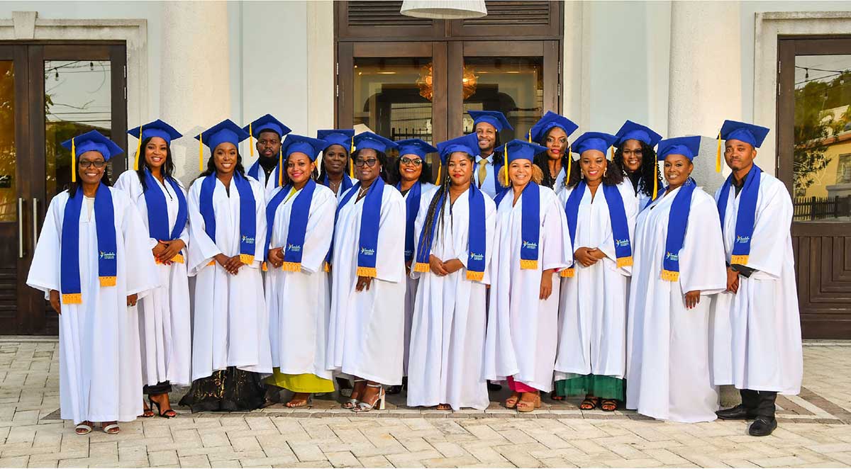 Proud graduates of Cohort B of the Diploma in Hospitality Leadership come together for their group shot ahead of their graduation ceremony. The cohort consisted of managers from Sandals Resorts to include Grenada, Barbados, Bahamas, Turks and Caicos and St. Lucia.