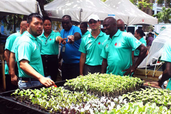 H.E. Peter Chia-Yen Chen, Taiwan’s Ambassador to Saint Lucia, joins Hon. Alfred Prospere, Minister for Agriculture, Fisheries, Food Security and Rural Development; Mr. Dunstan Demille, Perishables Manager, Massy Stores (St. Lucia) and Ms. Adline Eudovic, Project Coordinator, for a demonstration of the irrigation system on display by Mr. Eric Chen, Production Specialist at the Taiwan Technical Mission, during the walk-through at the Agri Expo at Constitution Park on Friday, May 31, 2024.