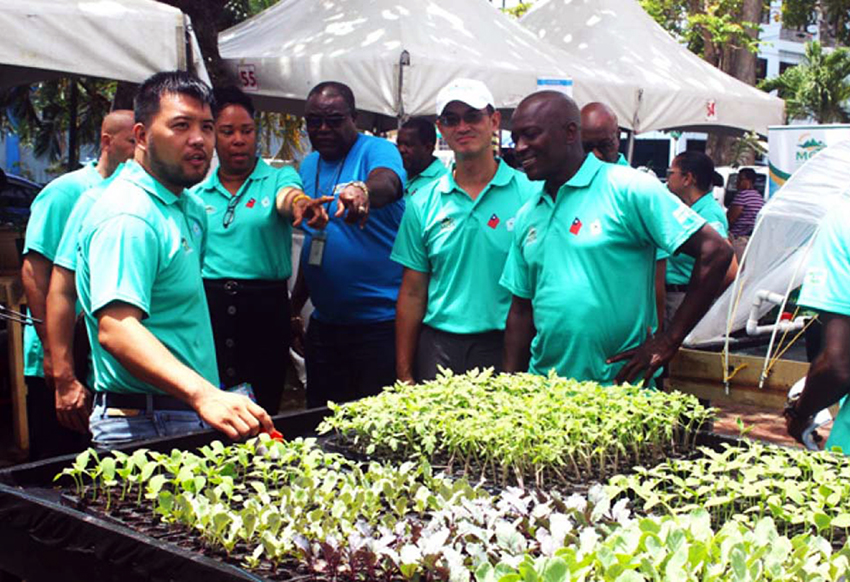 H.E. Peter Chia-Yen Chen, Taiwan’s Ambassador to Saint Lucia, joins Hon. Alfred Prospere, Minister for Agriculture, Fisheries, Food Security and Rural Development; Mr. Dunstan Demille, Perishables Manager, Massy Stores (St. Lucia) and Ms. Adline Eudovic, Project Coordinator, for a demonstration of the irrigation system on display by Mr. Eric Chen, Production Specialist at the Taiwan Technical Mission, during the walk-through at the Agri Expo at Constitution Park on Friday, May 31, 2024. 