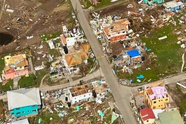 An aerial view of the devastation caused by Hurricane Beryl of Carriacou
