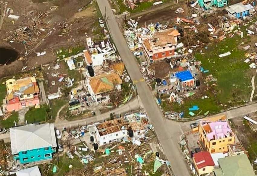 An aerial view of the devastation caused by Hurricane Beryl of Carriacou 