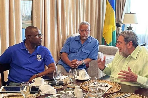 Prime Minister of Saint Vincent and the Grenadines (SVG), Dr. Ralph Gonsalves (far right) updates Caribbean Development Bank (CDB) senior executives, (from left) Mr. Ian Durant, Director of Economics and Mr. Isaac Solomon, Acting President, on the effects of Hurricane Beryl which severely impacted the archipelago last week. Also listening in is Mr. Cecil Harris, Programme Manager for the CDB’s Natural Disaster Management Projects in SVG.