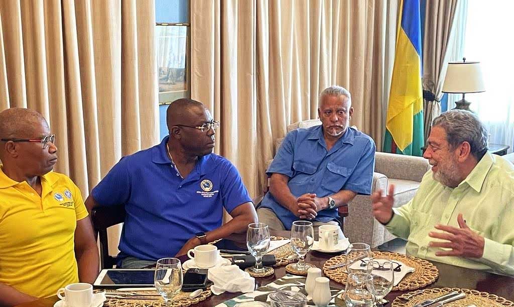 Prime Minister of Saint Vincent and the Grenadines (SVG), Dr. Ralph Gonsalves (far right) updates Caribbean Development Bank (CDB) senior executives, (from left) Mr. Ian Durant, Director of Economics and Mr. Isaac Solomon, Acting President, on the effects of Hurricane Beryl which severely impacted the archipelago last week. Also listening in is Mr. Cecil Harris, Programme Manager for the CDB’s Natural Disaster Management Projects in SVG.