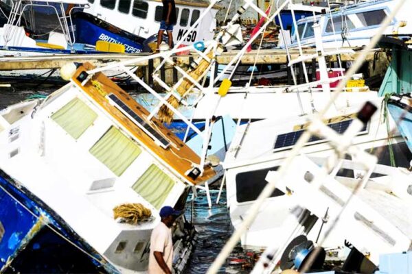 Fishing vessels in Barbados in a pile as a result of Hurricane Beryl