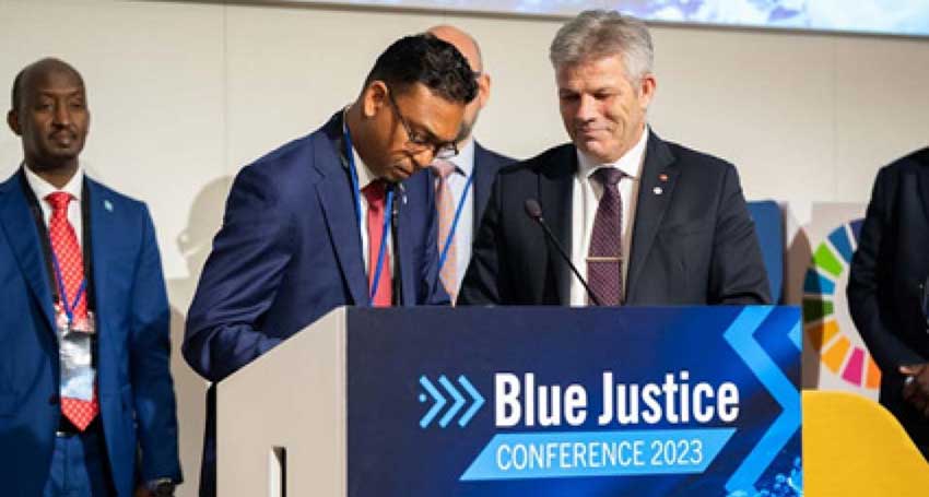 Hon. Jullan Defoe, Minister of State in the Ministry of Agriculture, Fisheries, Blue and Green Economy with specific responsibility for Fisheries and Blue Economy, signed the Copenhagen Declaration at the Blue Justice 2023 Conference (Photo: Blue Justice Secretariat)