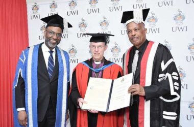 The Most Reverend Justin Welby, Archbishop of Canterbury with the Campus Council Chair at Mona Dr The Hon Earl Jarrett, OJ on his right and Vice-Chancellor Professor Sir Hilary Beckles on his left.