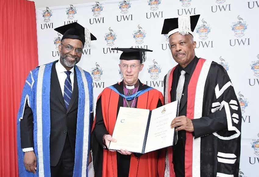 The Most Reverend Justin Welby, Archbishop of Canterbury with the Campus Council Chair at Mona Dr The Hon Earl Jarrett, OJ on his right and Vice-Chancellor Professor Sir Hilary Beckles on his left.