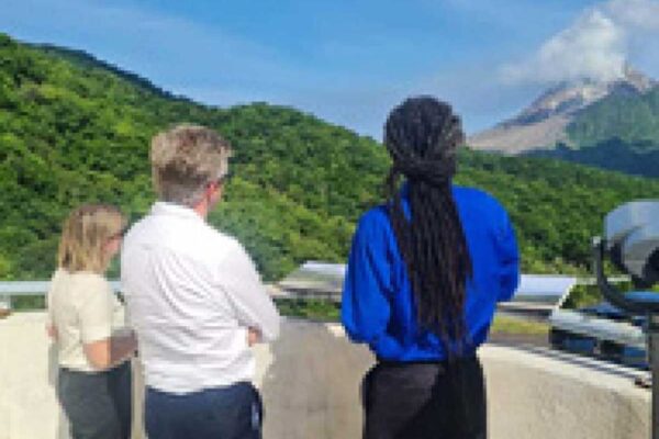 On the viewing deck at the MVO during a visit by the FCDO Director and Governor in 2023 (From R-L: MVO Director Graham Ryan, FCDO Director - Overseas Territories and Polar Directorate, and Acting Governor of Anguilla - Mr. Paul and Her Excellency Governor Sarah Tucker)