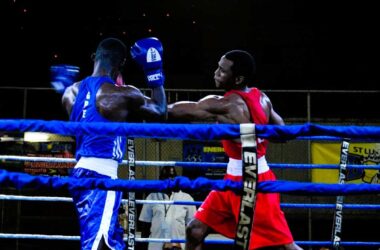 Saint Lucian top rated-boxer Keegan Mortley (red) in action.
