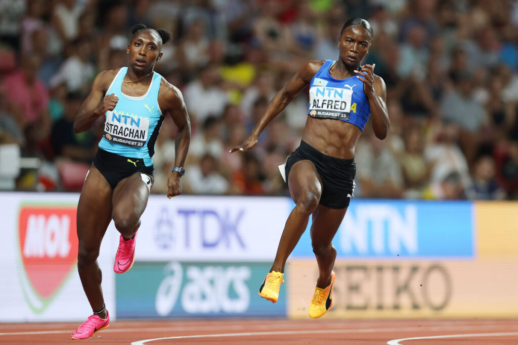 Julien Alfred in action in the 200m at the World Championships in Budapest (© Getty Images)