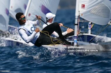 St Lucia's Luc Chevrier competes in race 1 of the men's ILCA 7 single-handed dinghy event during the Paris 2024 Olympic Games sailing competition at the Roucas-Blanc Marina in Marseille on August 1, 2024. (Photo by Christophe SIMON / AFP) (Photo by CHRISTOPHE SIMON/AFP via Getty Images)