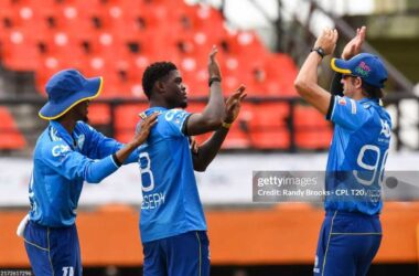 GEORGETOWN, GUYANA - SEPTEMBER 21: Alzarri Joseph (C) and David Wiese (R) of Saint Lucia Kings celebrate the dismissal of Quinton de Kock of Barbados Royals during the Men's 2024 Republic Bank Caribbean Premier League match 22 between Saint Lucia Kings and Barbados Royals at Guyana National Stadium on September 21, 2024 in Providence, Guyana. (Photo by Randy Brooks/CPL T20 via Getty Images)