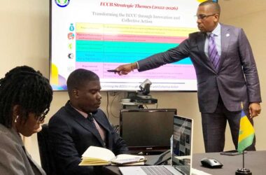 From left to right: Dr Emefa Sewordor, Head of Advisory Services in the Governor’s Office, Josh Kelly, Country Economist, and ECCB Governor Timothy Antoine at Thursday’s press conference