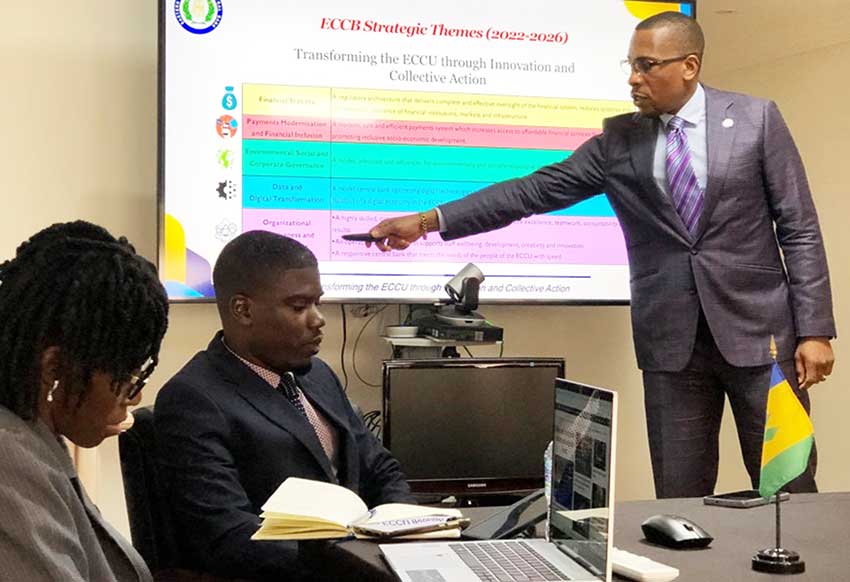 From left to right: Dr Emefa Sewordor, Head of Advisory Services in the Governor’s Office, Josh Kelly, Country Economist, and ECCB Governor Timothy Antoine at Thursday’s press conference