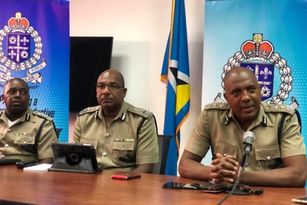 From left to right: Elvis Thomas, Assistant Commissioner of Police, Wayne Charlery, Deputy Commissioner of Police and Verne Garde Acting Police Commissioner at Wednesday’s press conference.