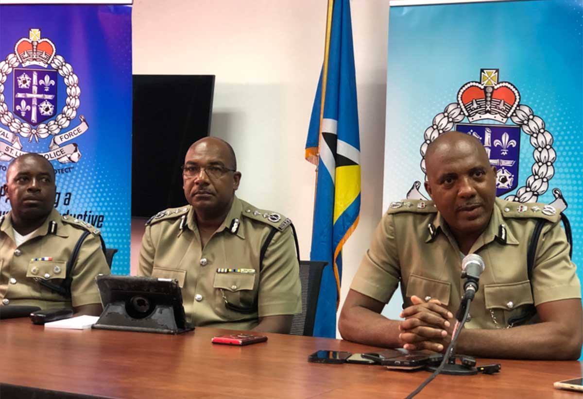 From left to right: Elvis Thomas, Assistant Commissioner of Police, Wayne Charlery, Deputy Commissioner of Police and Verne Garde Acting Police Commissioner at Wednesday’s press conference.