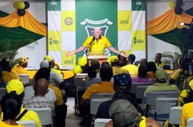 Opposition Leader Allen Chastanet addressing party supporters at a Town Hall Meeting last Sunday