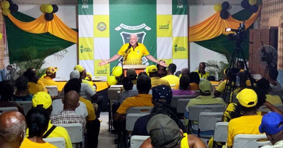 Opposition Leader Allen Chastanet addressing party supporters at a Town Hall Meeting last Sunday