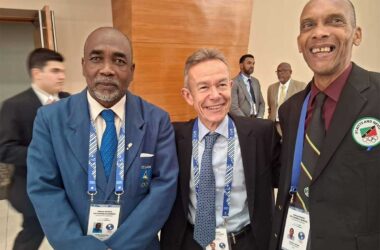 Mr. Alfred Emmanuel, President of the St. Lucia Olympic Committee (SLOC) Inc., at far left, was elected as a representative of Group 2, of which Saint Lucia is a part. Pictured with him are two other representatives at the meeting in Paraguay.