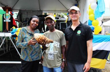 H.E. Peter Chia-Yen Chen, Taiwan’s Ambassador to Saint Lucia, and Hon.Emma Hippolyte, Minister for Commerce, Manufacturing, Business Development, Cooperatives and Consumer Affairs, and Parliamentary Representative for Soufriere/Fond St. Jacques, pose with the winner of the largest dasheen competition at the Dasheen Festival on Saturday, September 28, 2024.