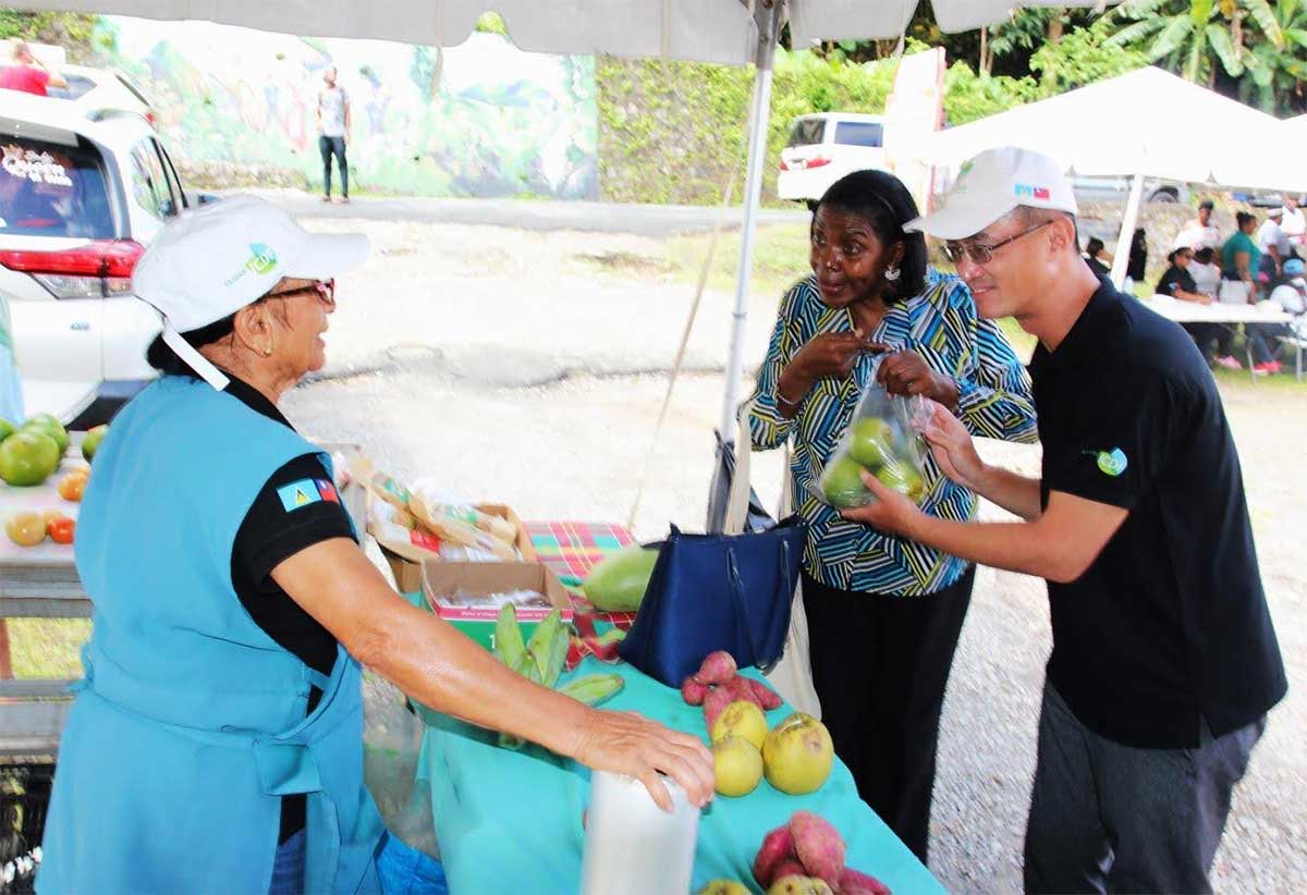 H.E. Peter Chia-Yen Chen, Taiwan’s Ambassador to Saint Lucia, and Hon.Emma Hippolyte, Minister for Commerce, Manufacturing, Business Development, Cooperatives and Consumer Affairs, and Parliamentary Representative for Soufriere/Fond St. Jacques, engage a member of the Fond St. Jacques Agro-processing Facility at her booth at the Dasheen Festival on Saturday, September 28, 2024.