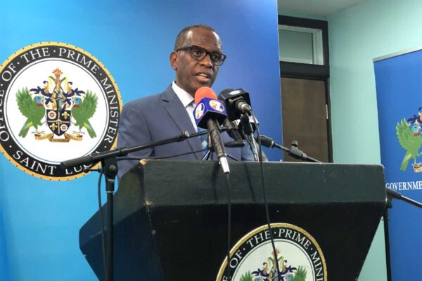 Prime Minister Philip J Pierre at a pre-Cabinet press briefing on Monday