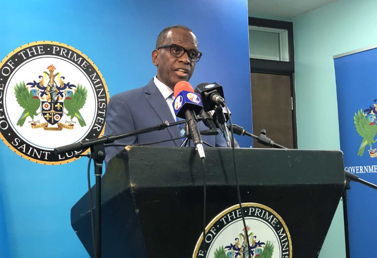 Prime Minister Philip J Pierre at a pre-Cabinet press briefing on Monday