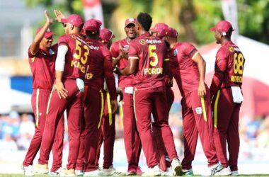 WI Senior Men's ODI Team celebrating on-field