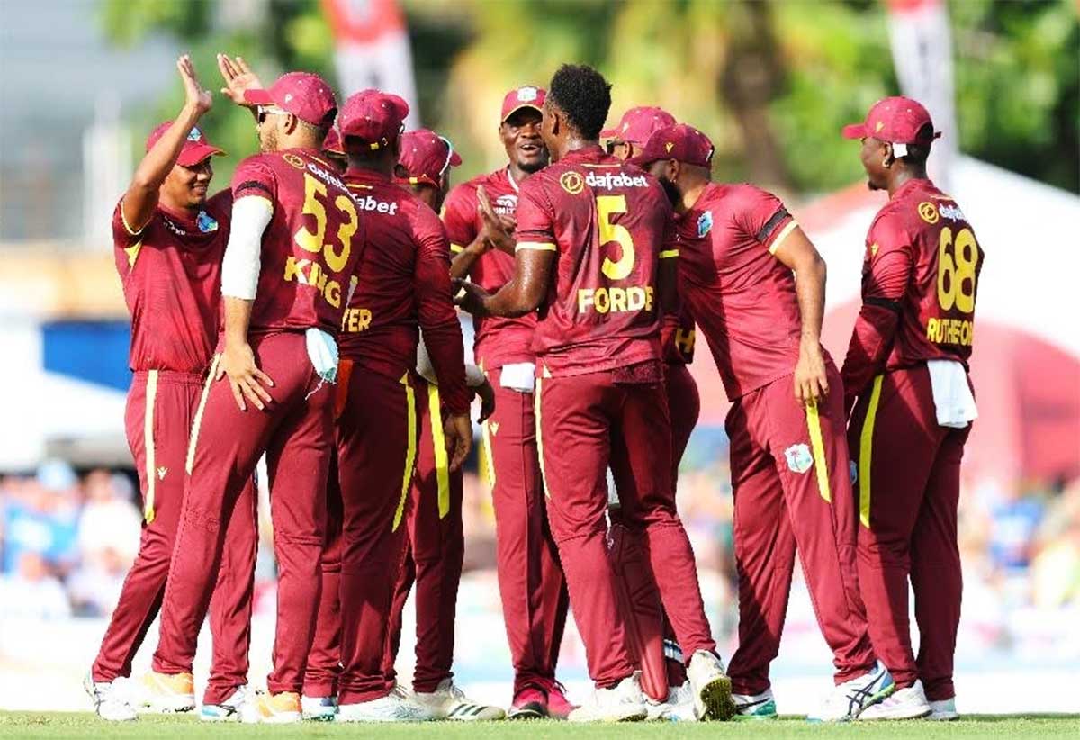 WI Senior Men's ODI Team celebrating on-field