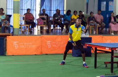 De Andre Calderon serves up the ball during impressive performance in regional table-tennis series