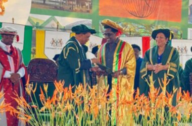 Dr Ramjattan being awarded his Honorary Degree by Chancellor and Vice Chancellor of the University of Guyana, (Professor Edward Green and Professor Paloma Mohmmed Martin) on November 7th, 2024