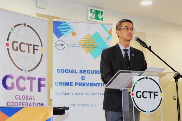 H.E. Peter Chia-Yen Chen, Taiwan’s Ambassador to Saint Lucia, making brief remarks at this year’s GCTF Affiliated Event that was held on Thursday, October 17, 2024, at Harbor Club Hotel in Rodney Bay.