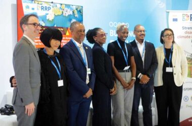 (left to right) Jose Carlos Edo Monfort, European Commission Representative, Crystelle Platt, Assistant Secretary-General, OACPS), L O’Reilly Lewis, Director of Projects, CDB Valerie Isaac, Division Chief, Environmental Sustainability, CDB, Pendo Maro, Technical Assistance Team Leader, OACPS), Edmund Jackson, Country Facilitator, NDC Partnership, and Lisa Kingsberry, Communications Director, Pacific Community (SPC)