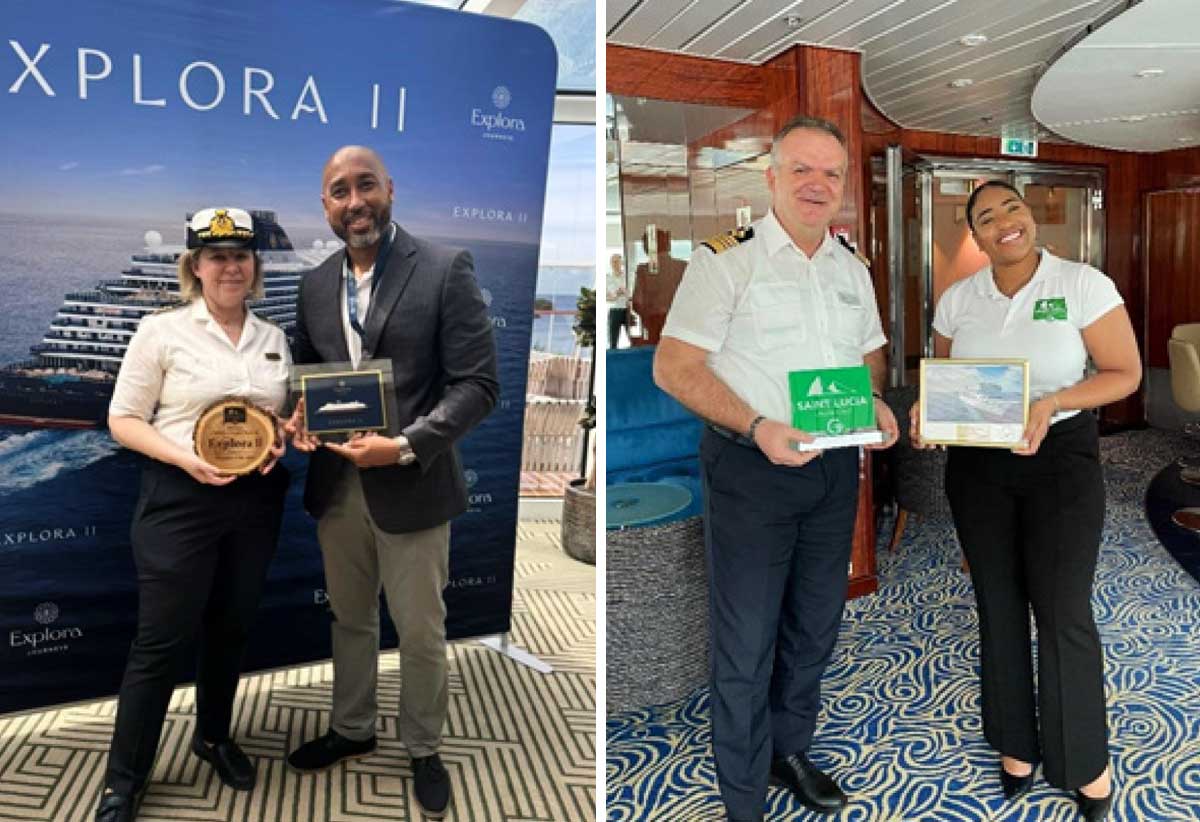 [L] Lancelot Arnold (right), General Manager Saint Lucia Cruise Port welcomed Captain Serena Melani of Explora II to Port Castries [R] Racquel Preville (right), Marketing and Communications Manager, Saint Lucia Cruise Port, welcomed Captain Valentin Giuglea of Odessy to Port Castries