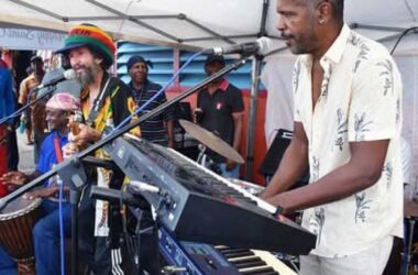 Musicians jamming free-style outside the Castries Market at a Cecilia’s Day presentation