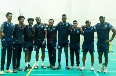 From left to right: Ackeem Auguste, Teddy Bishop, Jordan Johnson, Kirk McKenzie, Jewel Andrew, Kevin Wickham and Matthew Nandu with coaches Ramesh Subasinghe and Rohan Nurse at the Super Kings Academy